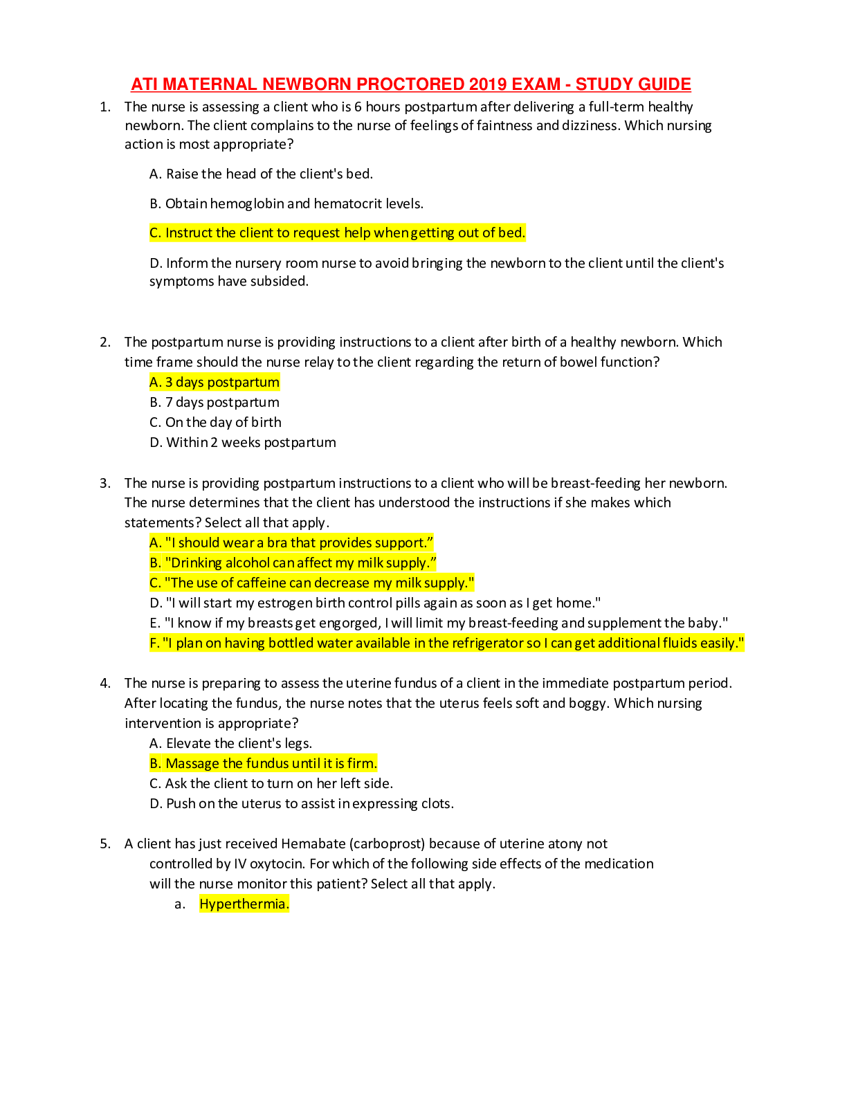 ATI MATERNAL NEWBORN PROCTORED 2019 EXAM STUDY GUIDE Browsegrades